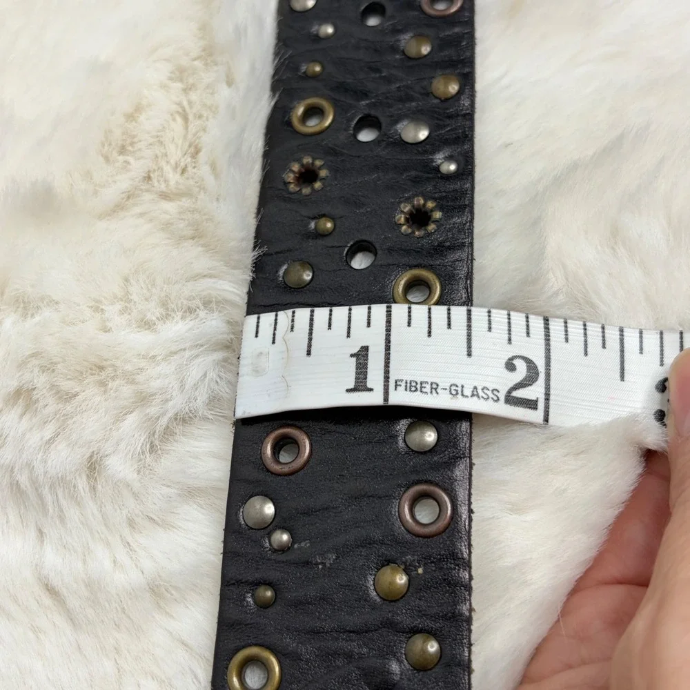Fossil Dark Brown Genuine Leather Studded Grommet Belt Women Large Boho Rocker